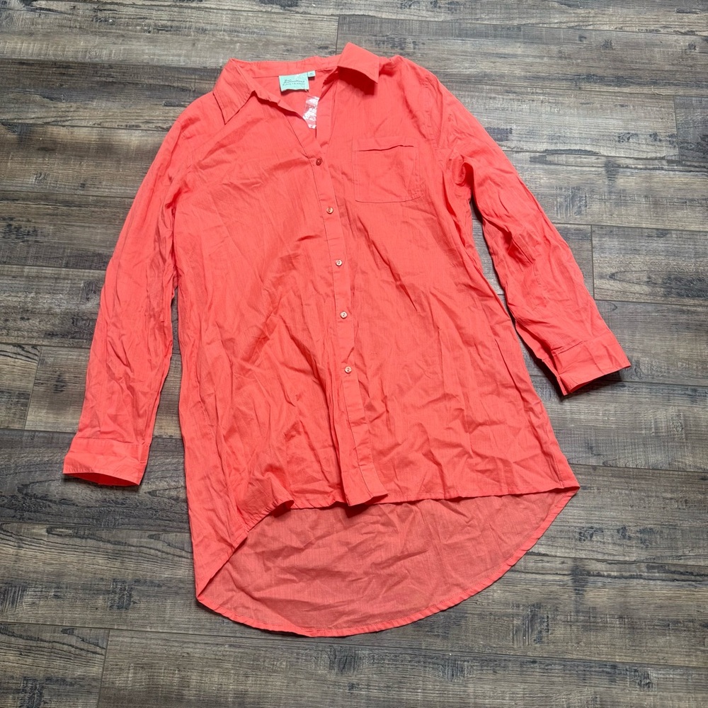 True Destinations Tunic Coral Button-Up Shirt Women's Size Medium